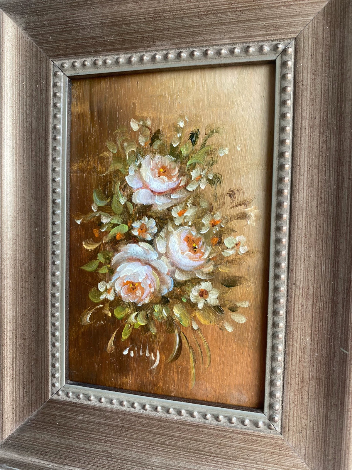 White Rose Bouquet – Framed Wood-Panel Painting