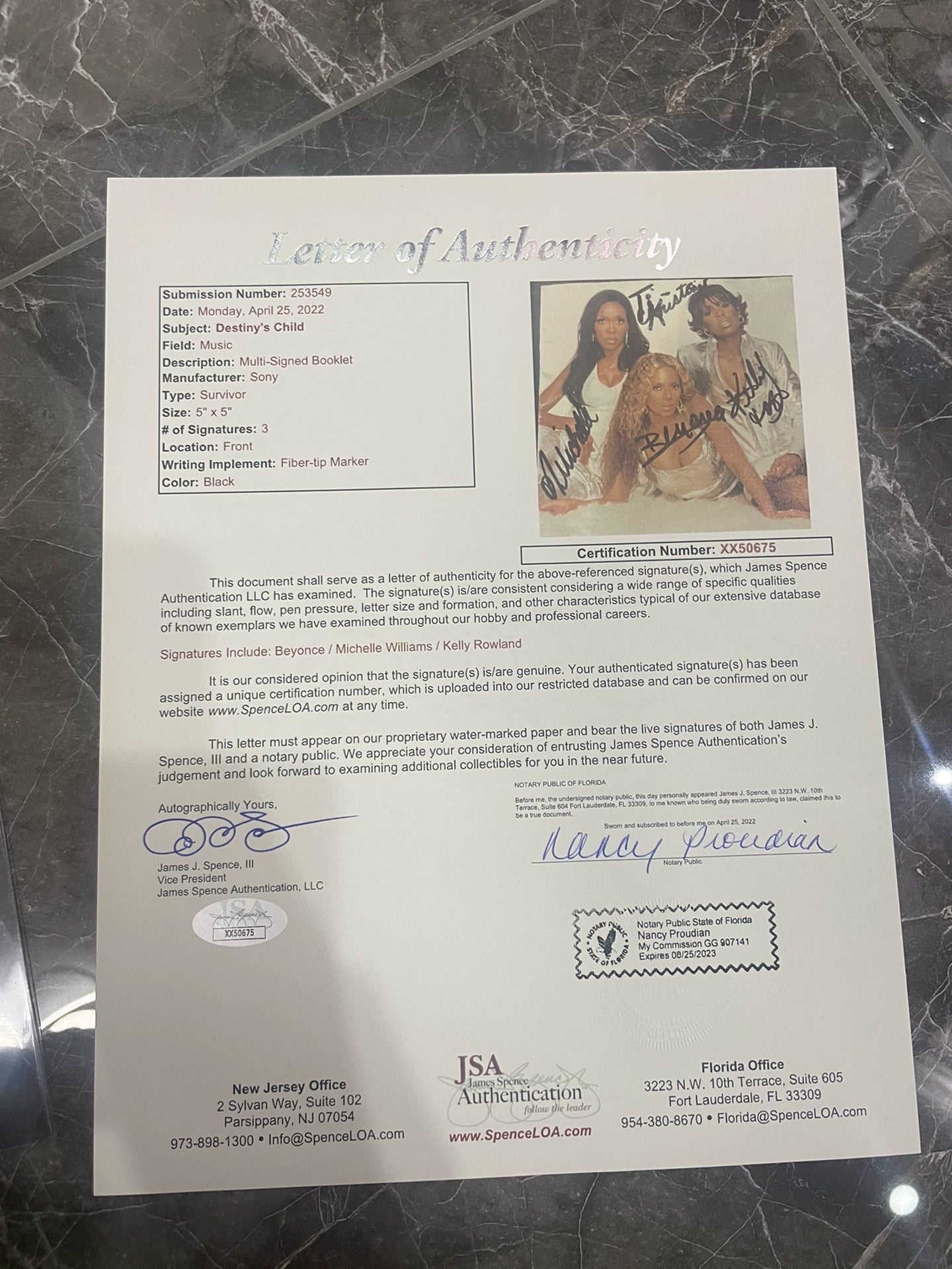 Beyoncé – Signed Group Photograph with JSA Certificate