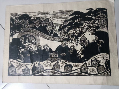 Elders, Birdcages and Radio – Vintage Black-and-White Woodcut Print – actual item photograph