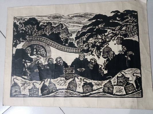 Elders, Birdcages and Radio – Vintage Black-and-White Woodcut Print – actual item photograph