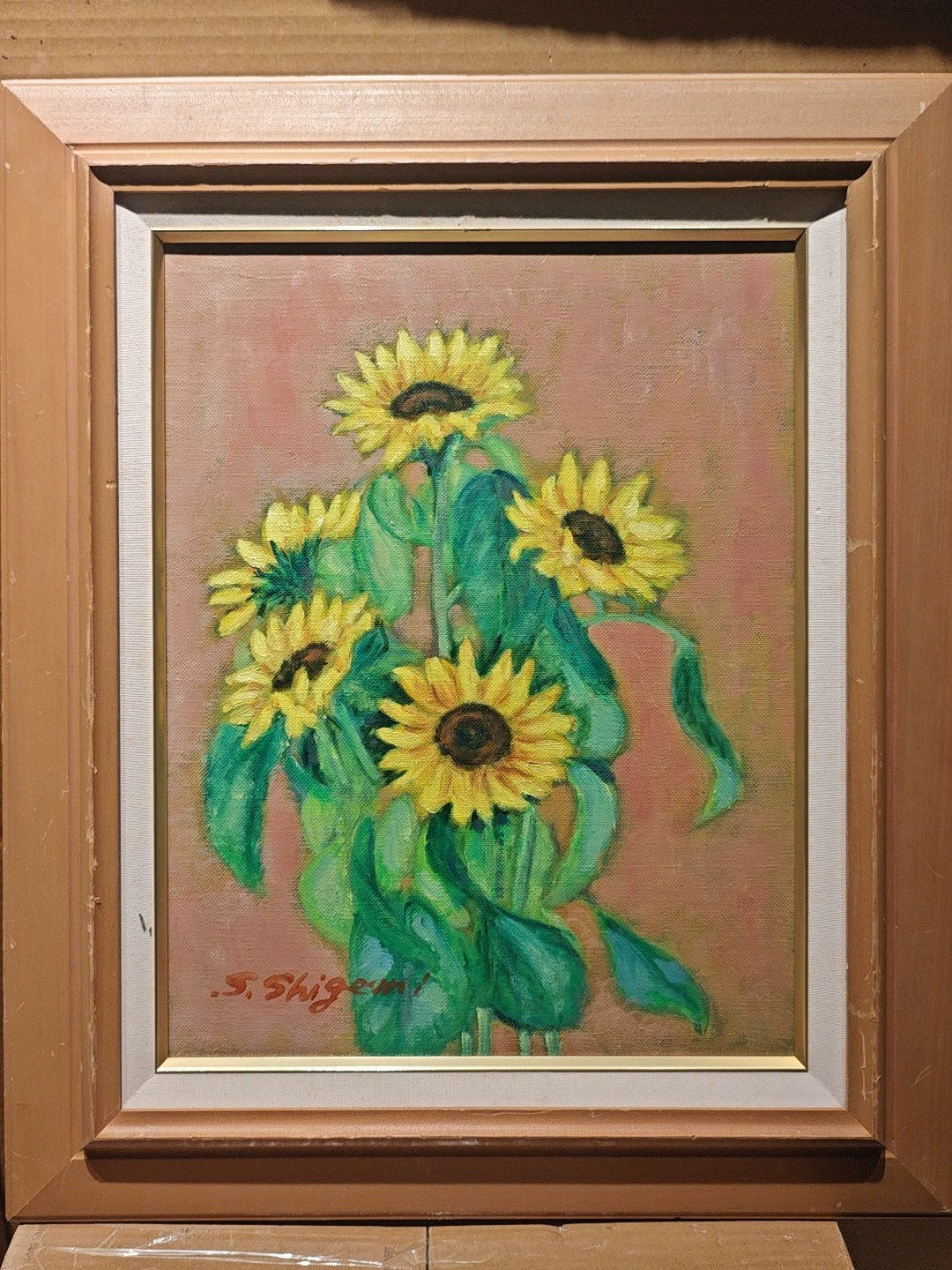 Sunflowers – Framed Oil Painting, Signed S. Shigemi