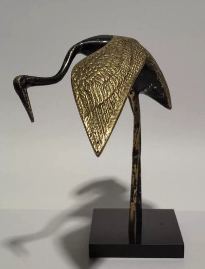 Vintage European Brass Crane Sculpture with Stand