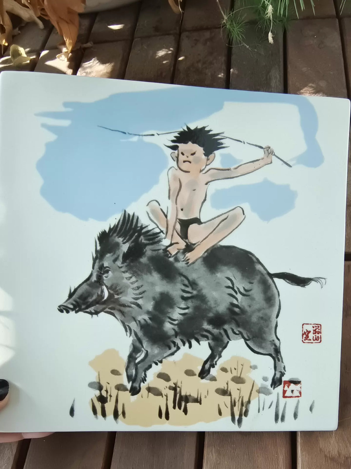 Japanese Ceramic Art Tile – Child Riding a Boar – detail 2