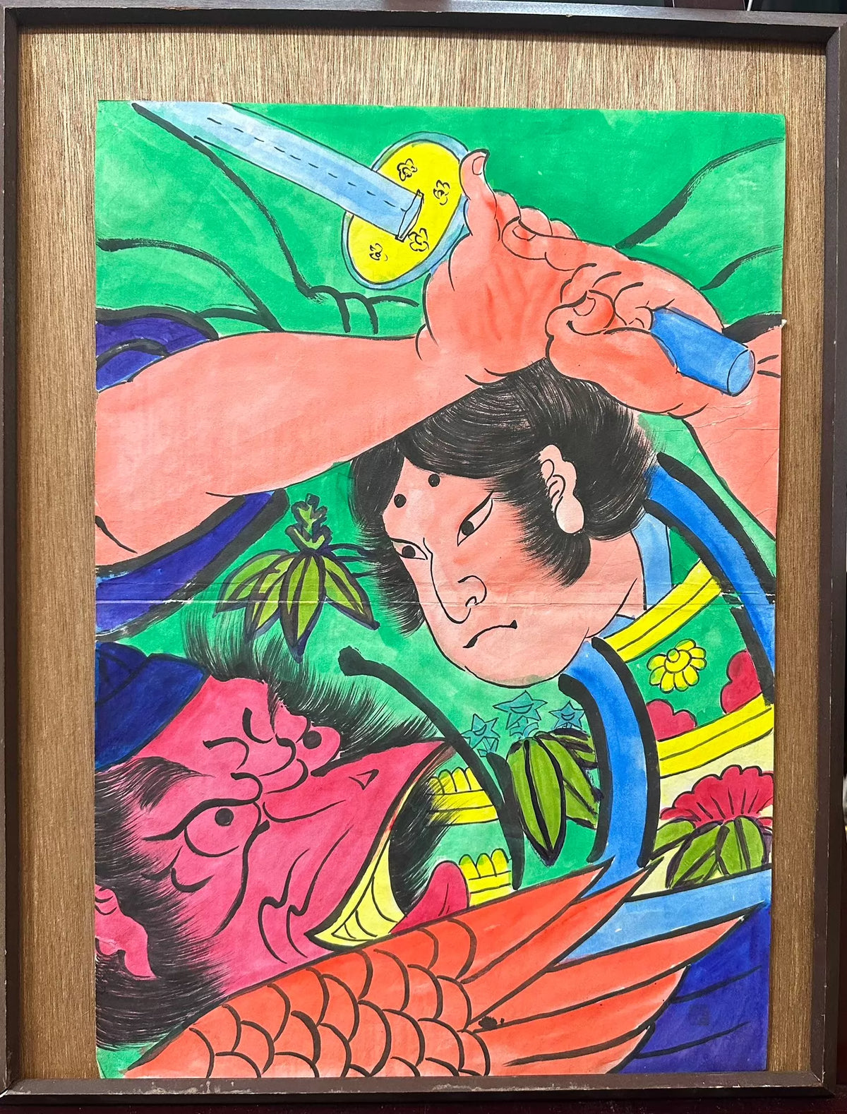 Warrior and Demon – Japanese Framed Folk-Art Print – detail 4