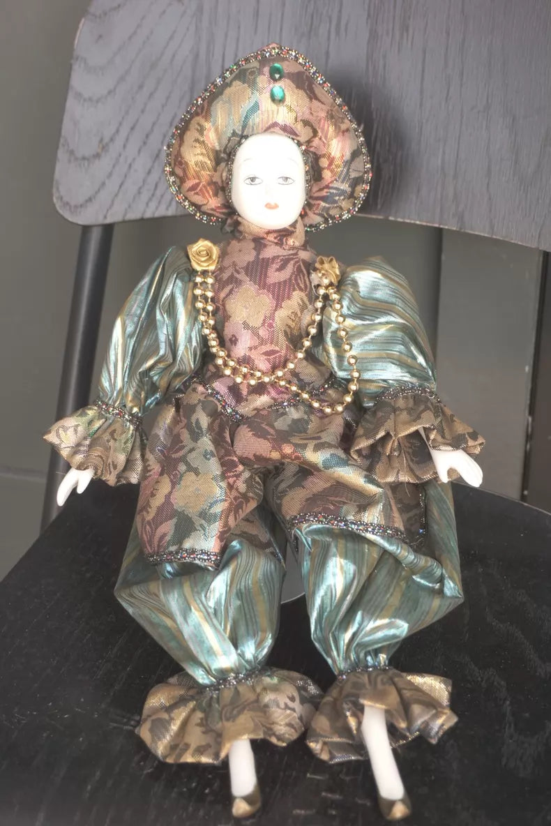 Vintage Pierrot Handcrafted Cloth Doll with Stand — detail 2