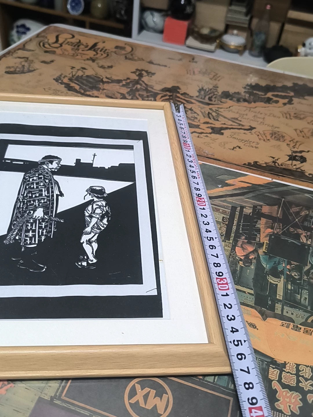 Parent and Child – Framed Black-and-White Woodcut Print – detail 6