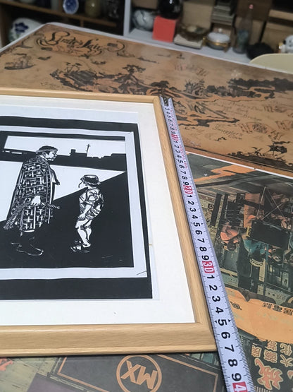 Parent and Child – Framed Black-and-White Woodcut Print – detail 6