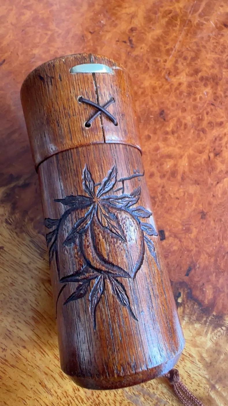 Vintage Carved Bamboo Brush Pot with Longevity Peaches — detail 2