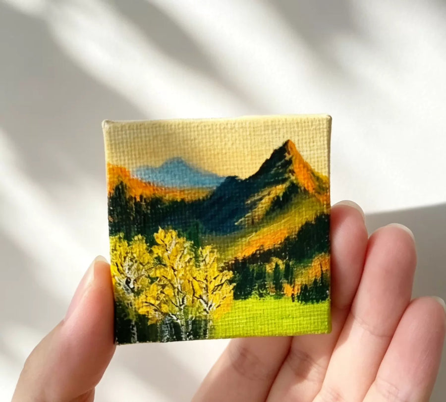 Autumn Mountains — Miniature Acrylic Painting, 5 × 5 cm