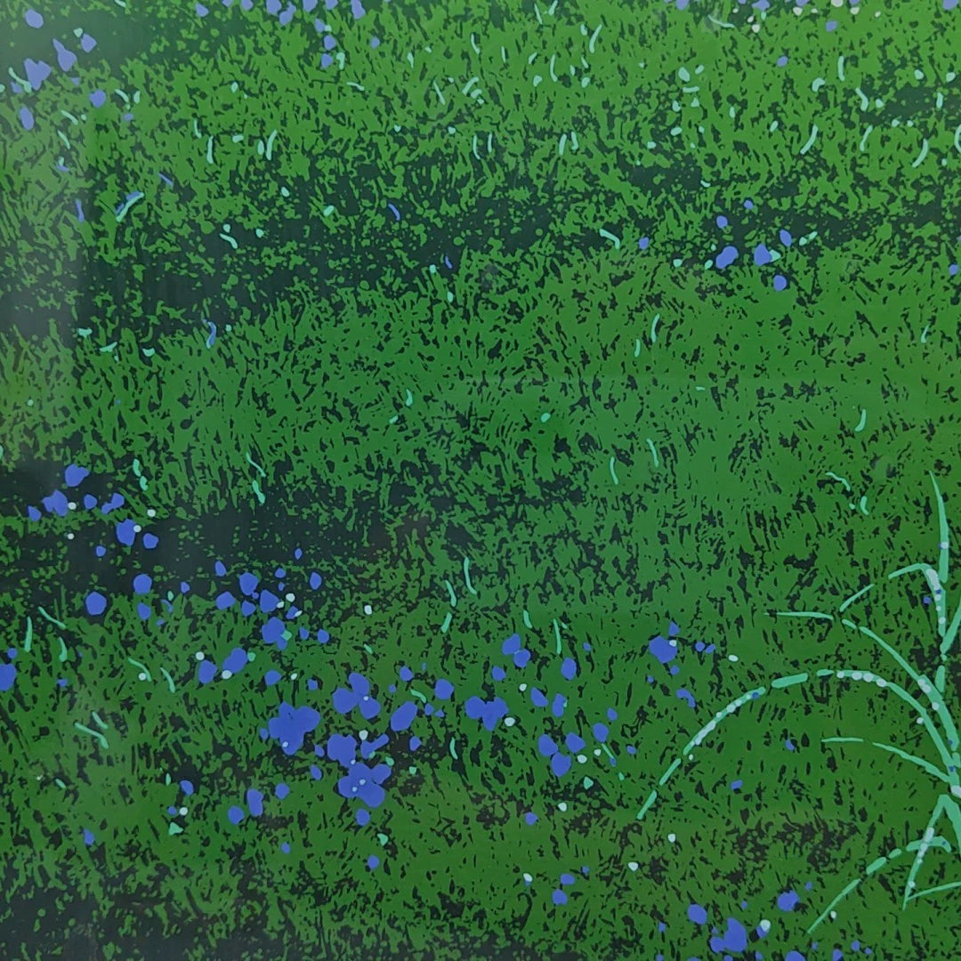 Green Meadow & Blue Flowers – Framed Japanese Landscape Print – actual item photograph 5