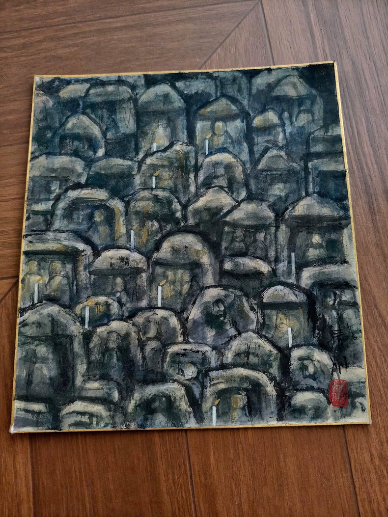 Original Cave Buddha Group Ink Painting on Card – 24 × 27 cm