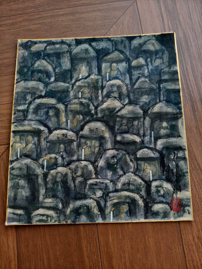 Original Cave Buddha Group Ink Painting on Card – 24 × 27 cm