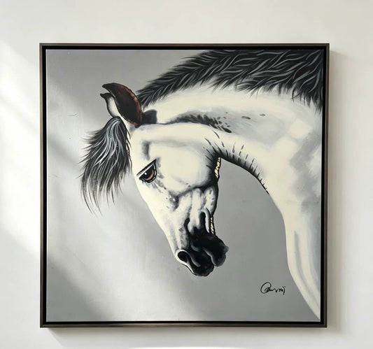 Vintage White Horse Portrait Oil Painting – Approx. 85 × 85 cm – actual product photo 1