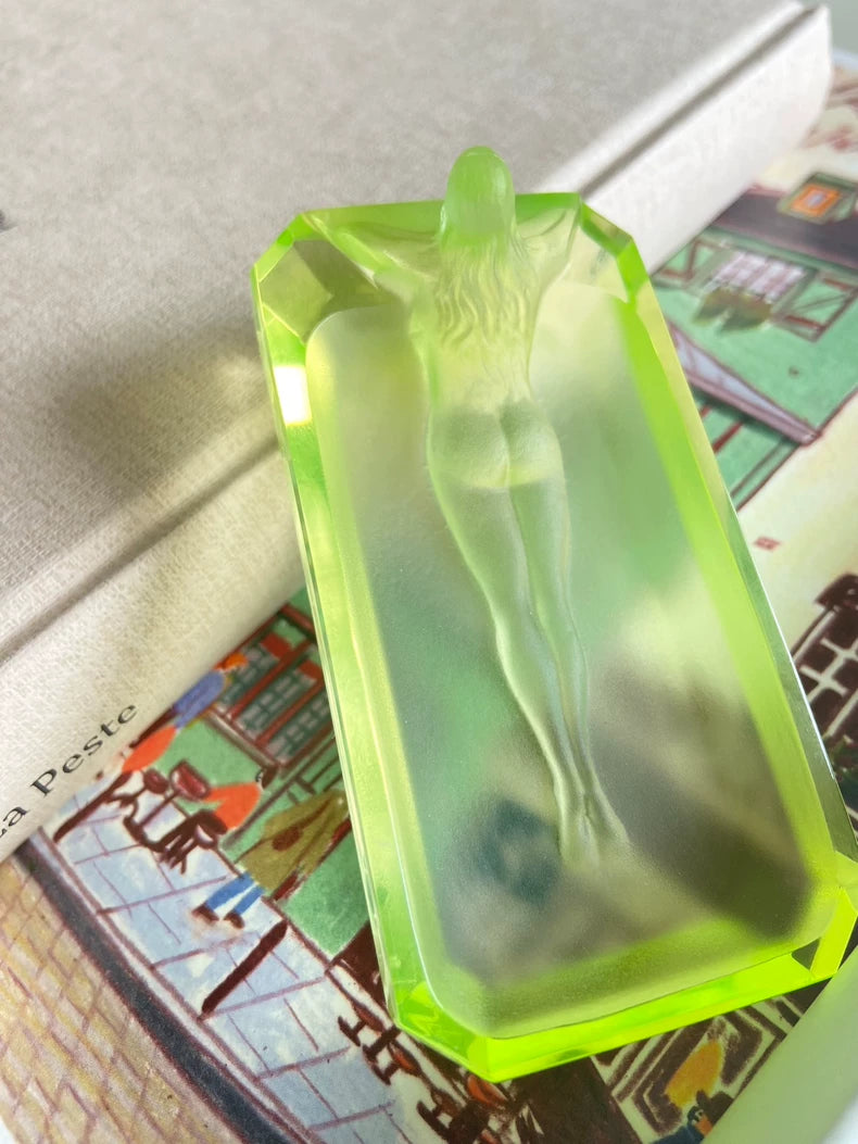 Desna / Heinrich Hoffmann – Meditating Woman Vaseline Glass Sculpture – actual product photo 4