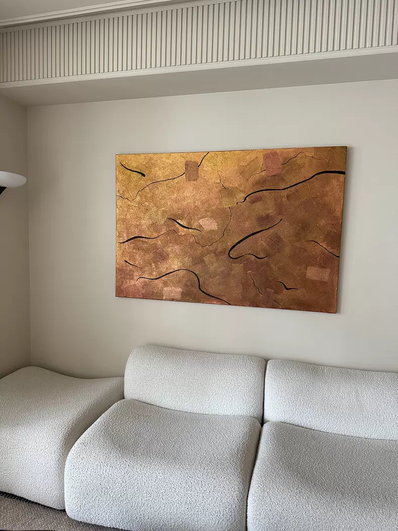 Hand-Painted Abstract Textured Canvas with Gold Leaf – 150 × 100 cm