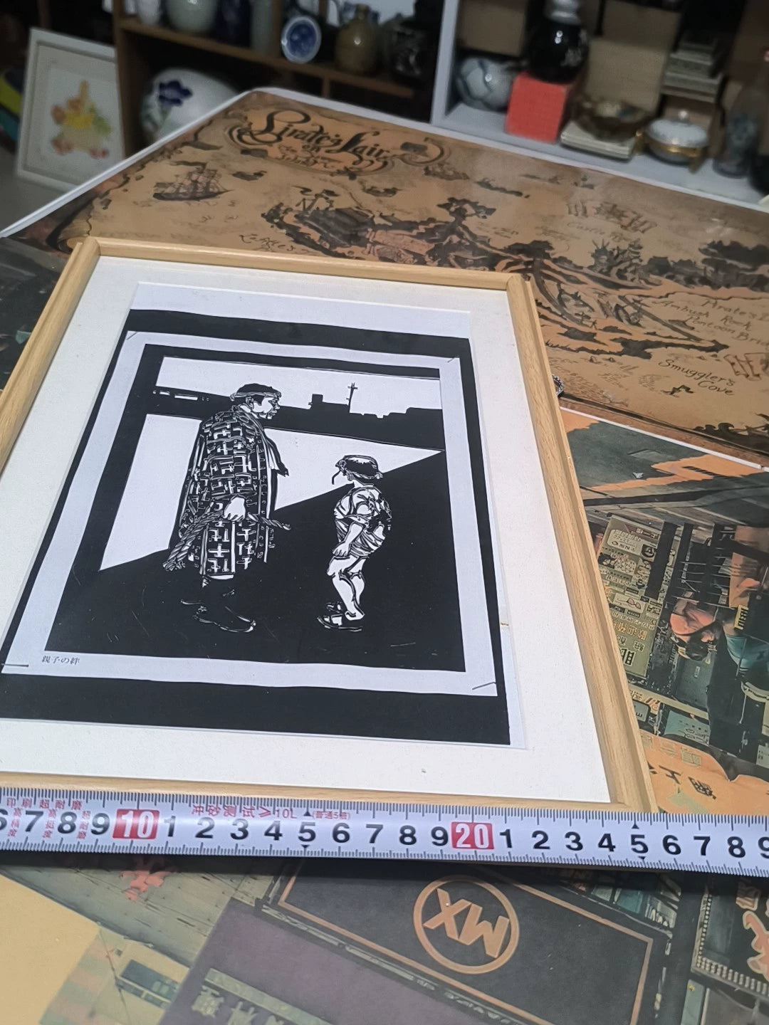 Parent and Child – Framed Black-and-White Woodcut Print – detail 5