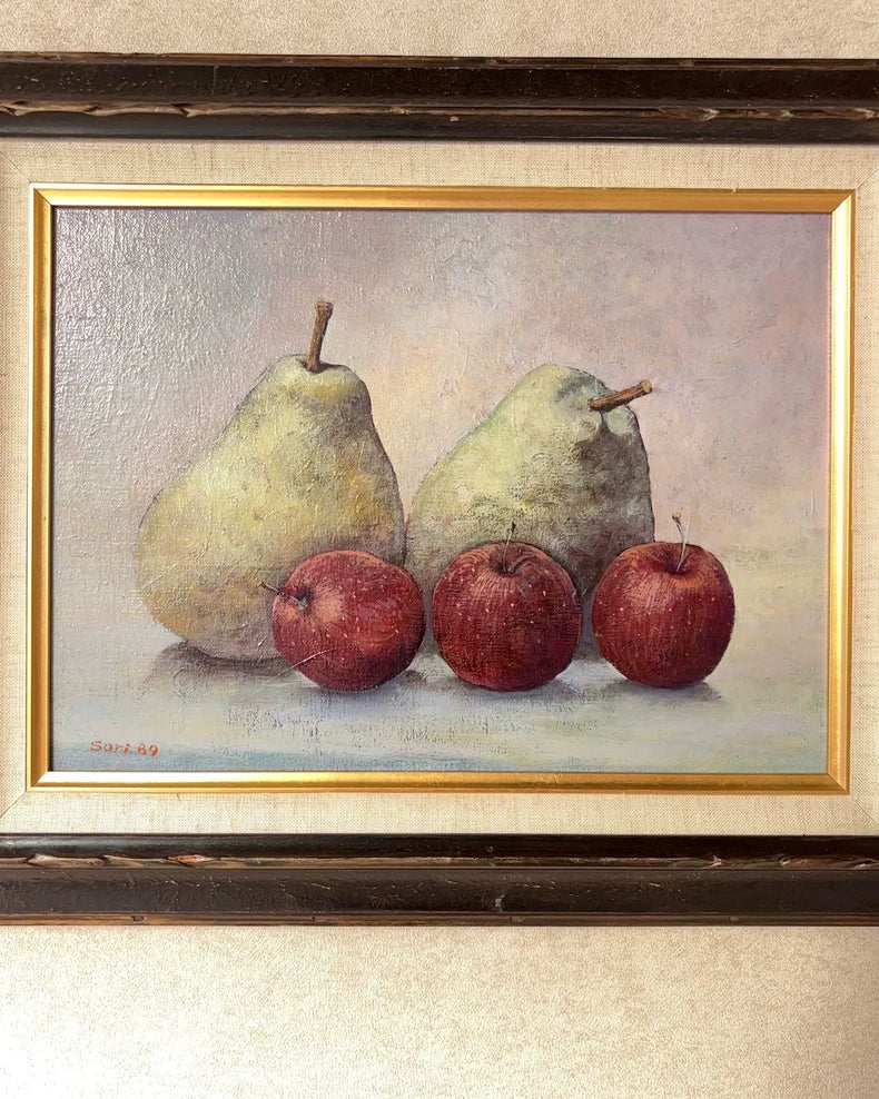 Japanese Vintage Still Life Oil Painting – Pears and Apples – 1989 – actual product photo 6