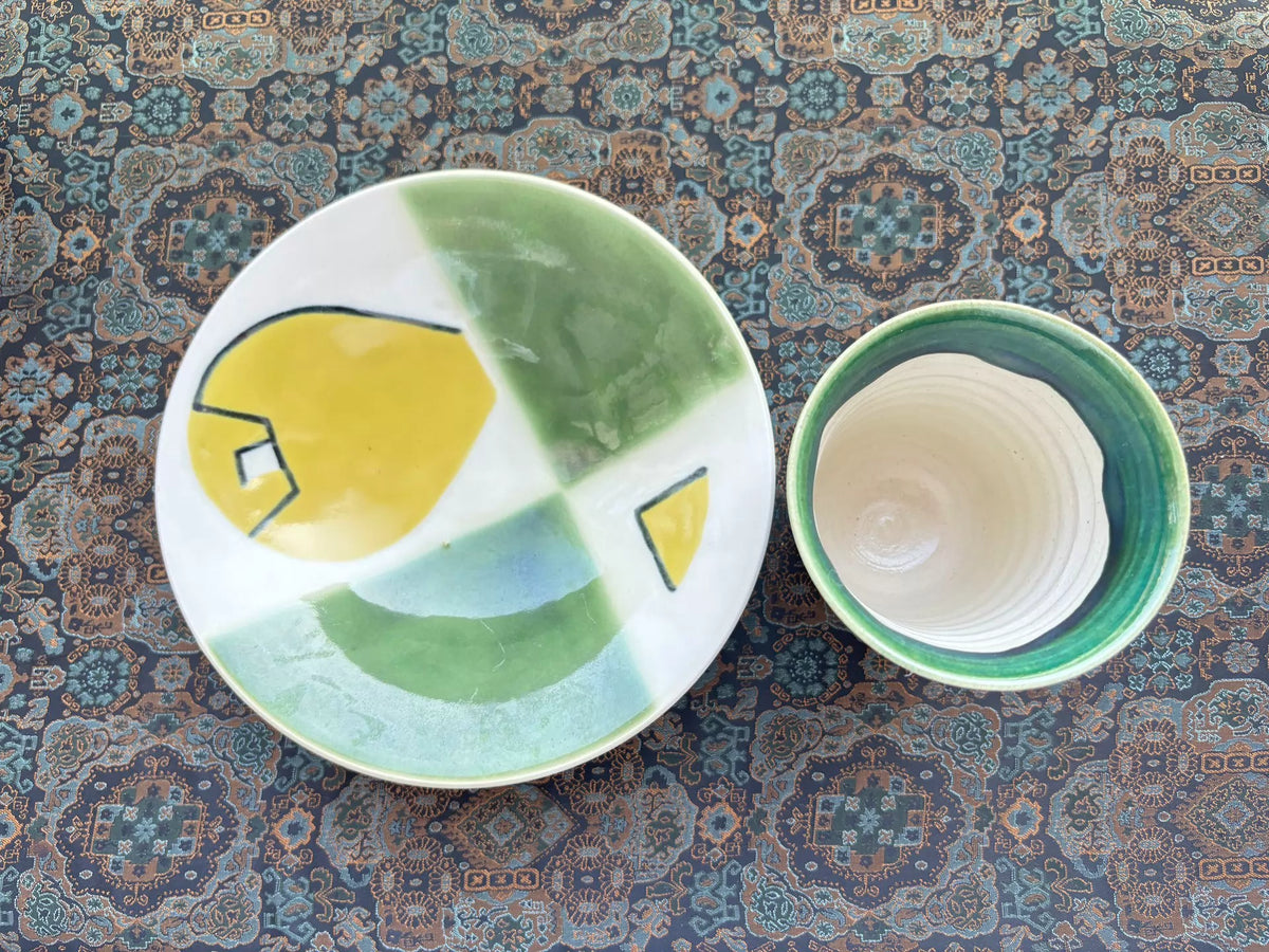 Japanese Studio Ceramic Cup and Saucer Set – Oribe Glaze — original seller image 5
