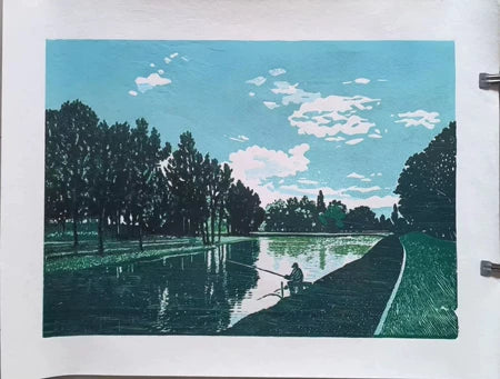 Quiet Fishing on the Liao River — Hand-Printed Colour Woodcut 1/10