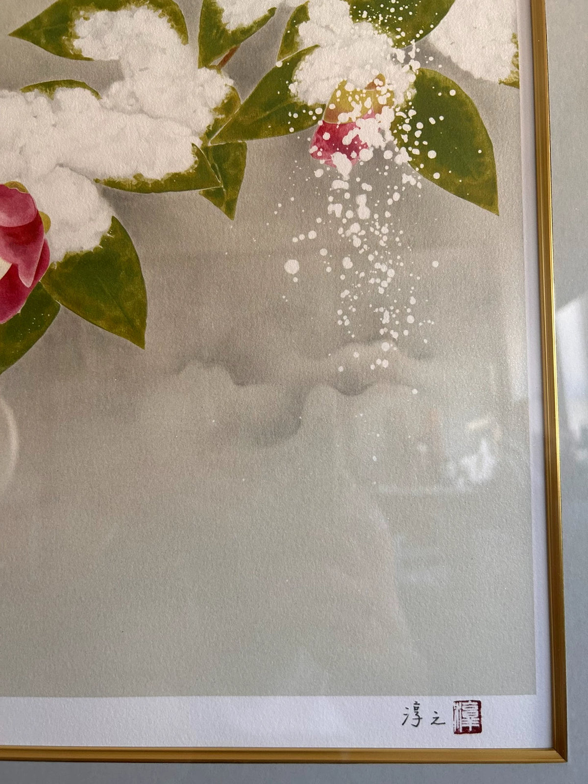 Atsushi Uemura – Sound of Snow – Framed Bird and Camellia Print – detail 3