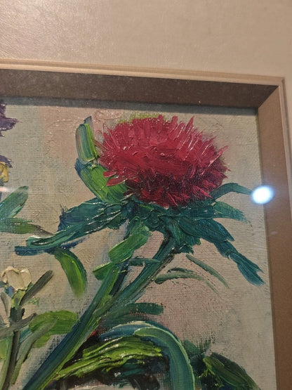 Signed Floral Painting – Wood and Glass Frame