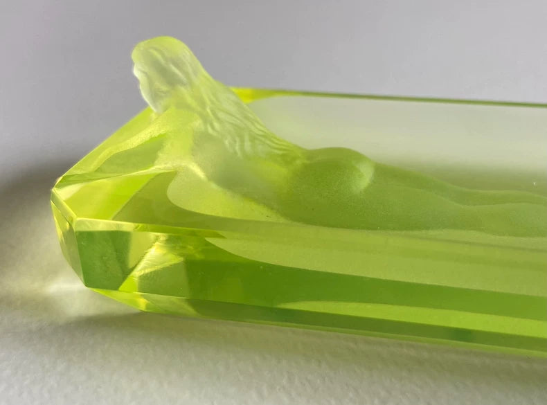 Desna / Heinrich Hoffmann – Meditating Woman Vaseline Glass Sculpture – actual product photo 3