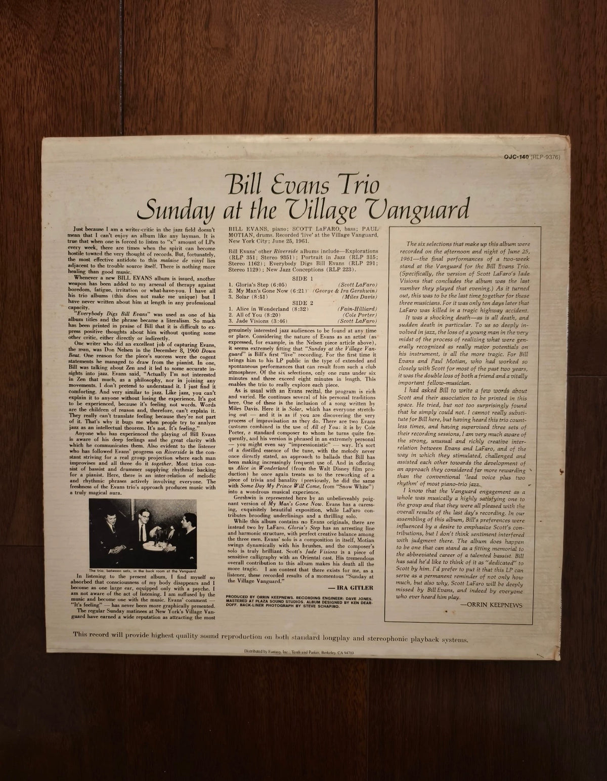 Bill Evans – Sunday at the Village Vanguard – 1984 US OJC LP – actual item photograph 2