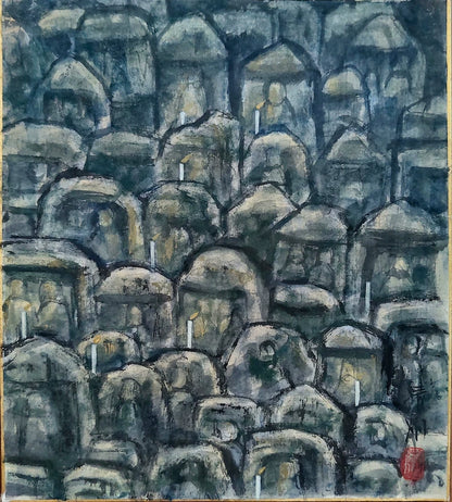 Original Cave Buddha Group Ink Painting on Card – 24 × 27 cm