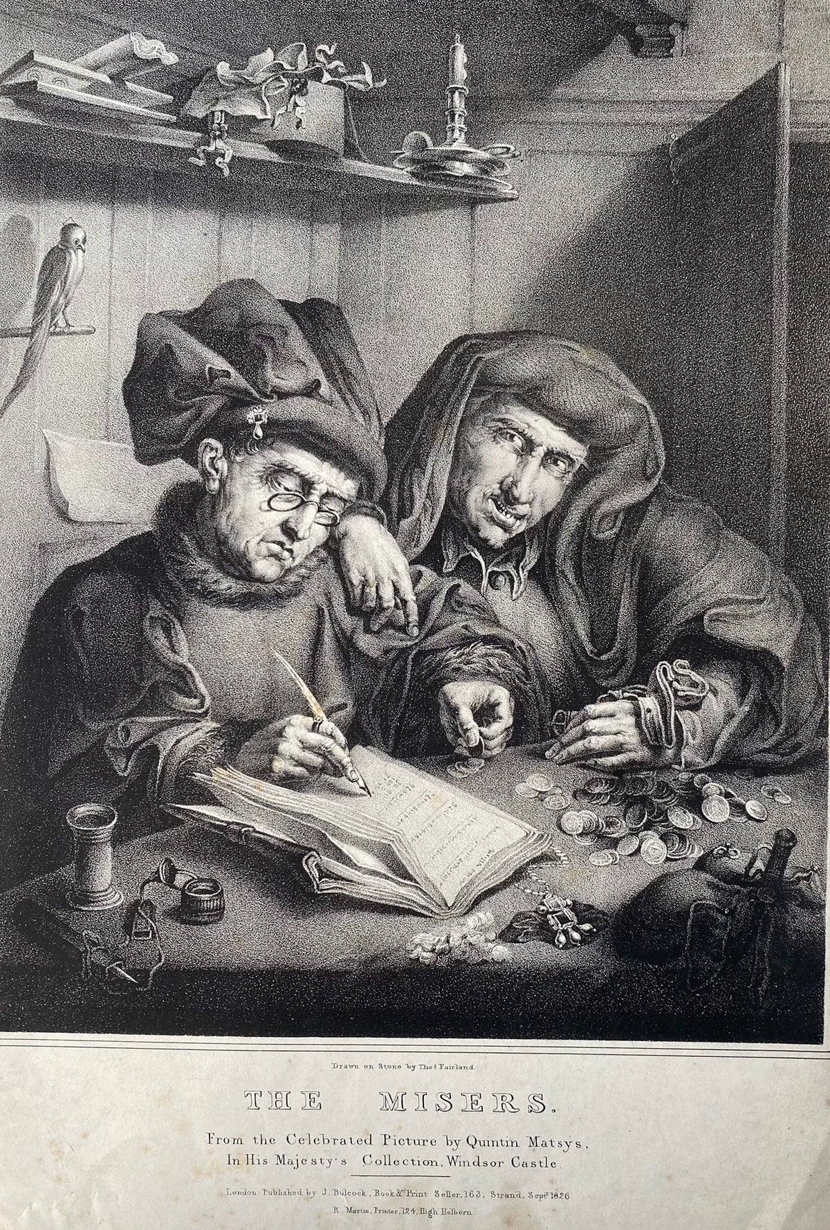 The Misers – Antique Lithographic Print after Quentin Matsys – actual item photograph 2