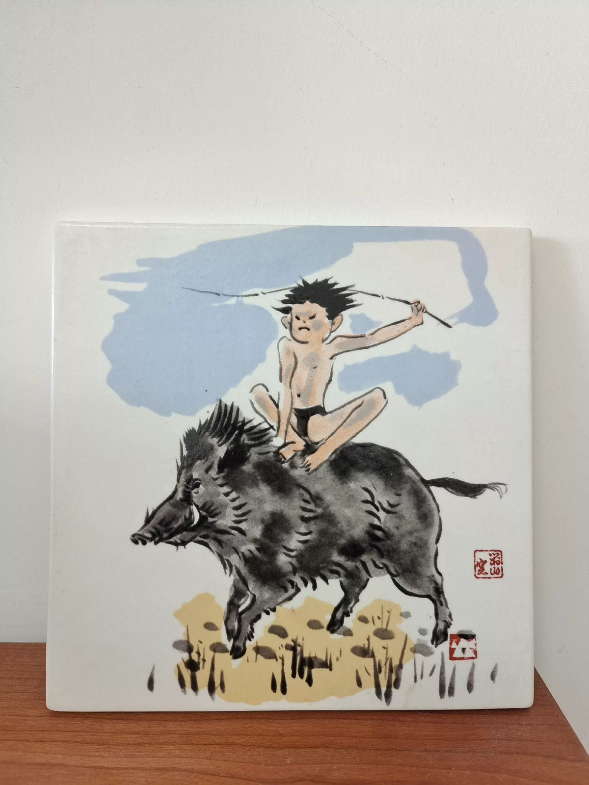 Japanese Ceramic Art Tile – Child Riding a Boar – detail 6