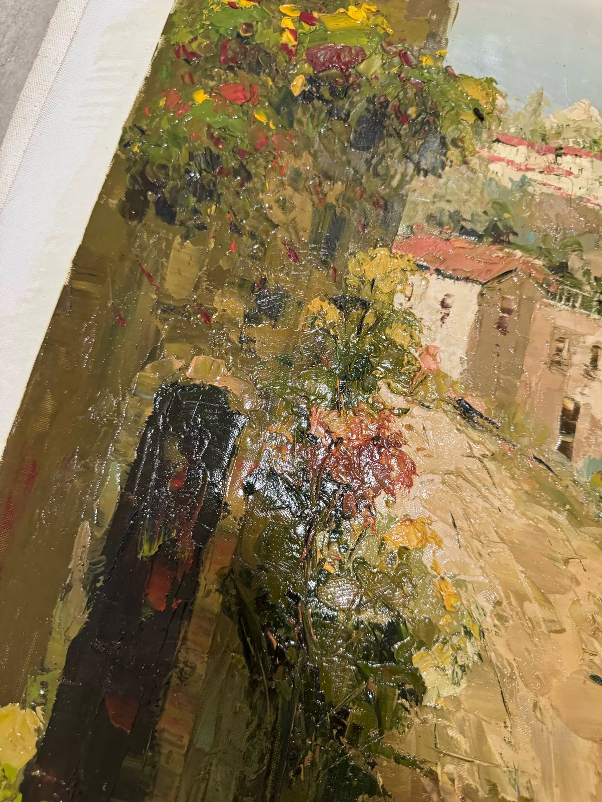 Flower-Lined Village Lane – Unframed Oil Painting