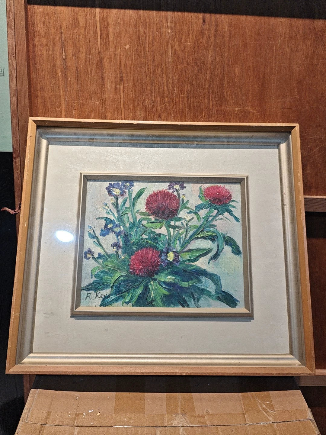 Signed Floral Painting – Wood and Glass Frame