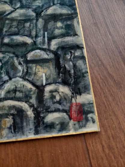 Original Cave Buddha Group Ink Painting on Card – 24 × 27 cm