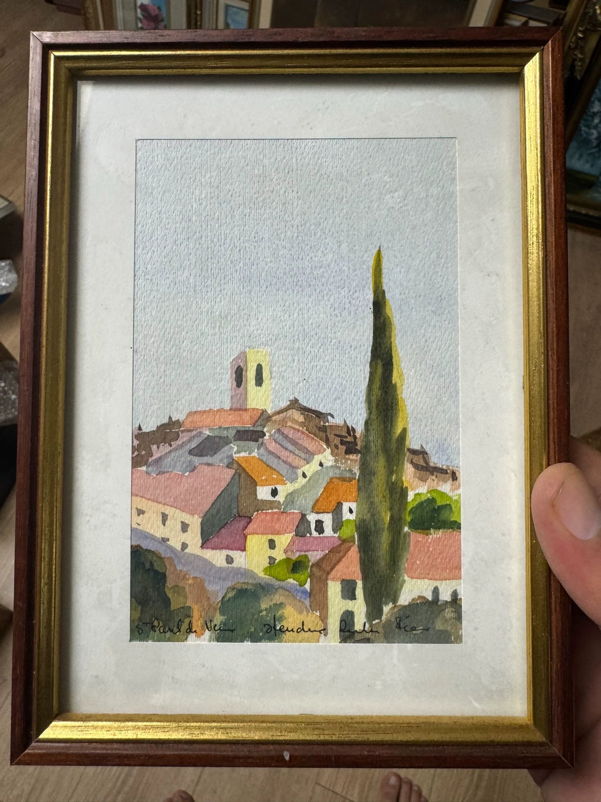 European Village and Cypress – Small Framed Watercolour – detail 3