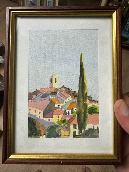 European Village and Cypress – Small Framed Watercolour – detail 3