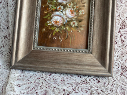 White Rose Bouquet – Framed Wood-Panel Painting