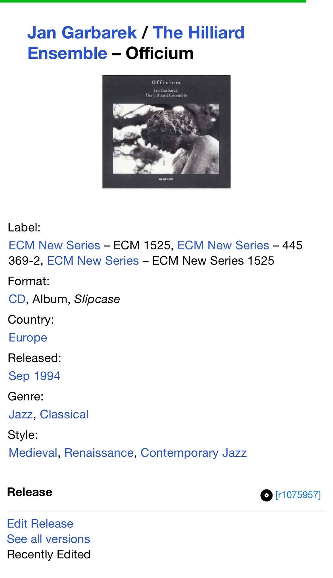 Jan Garbarek / The Hilliard Ensemble – Officium, German Edition (CD) – source photo 7