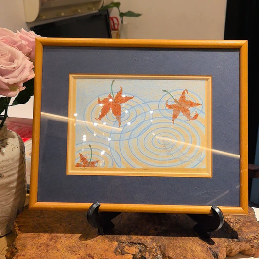 Maple Leaves and Ripples – Signed Japanese Woodblock Print, 1987