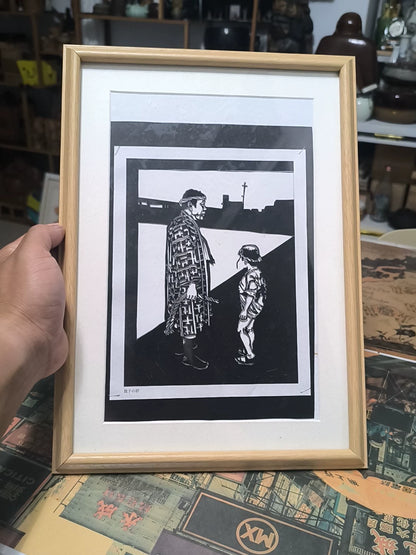 Parent and Child – Framed Black-and-White Woodcut Print