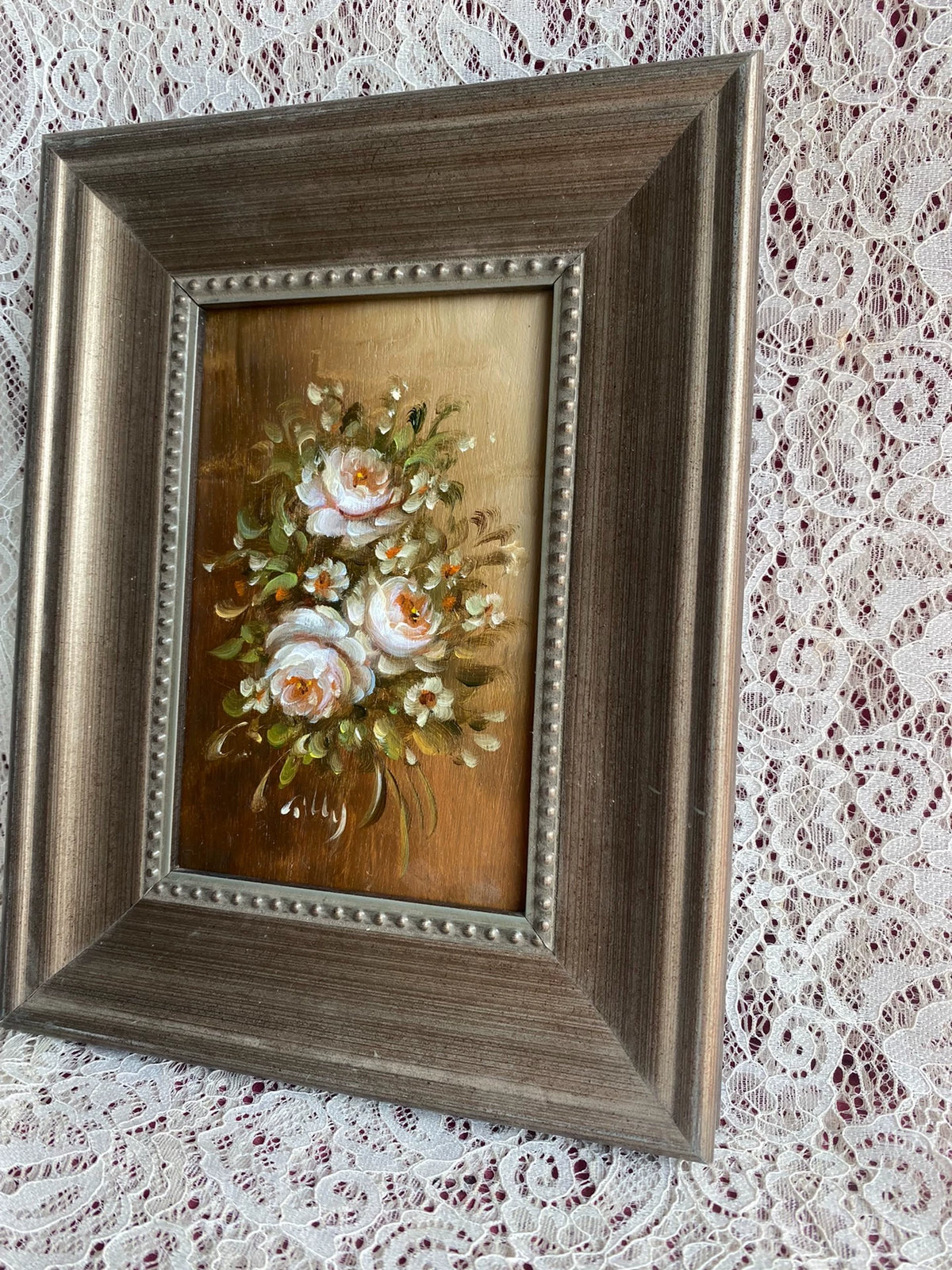 White Rose Bouquet – Framed Wood-Panel Painting