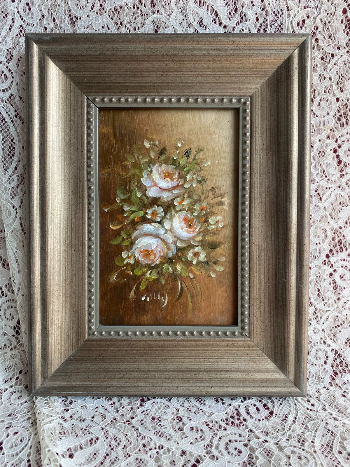 White Rose Bouquet – Framed Wood-Panel Painting