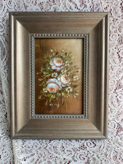 White Rose Bouquet – Framed Wood-Panel Painting