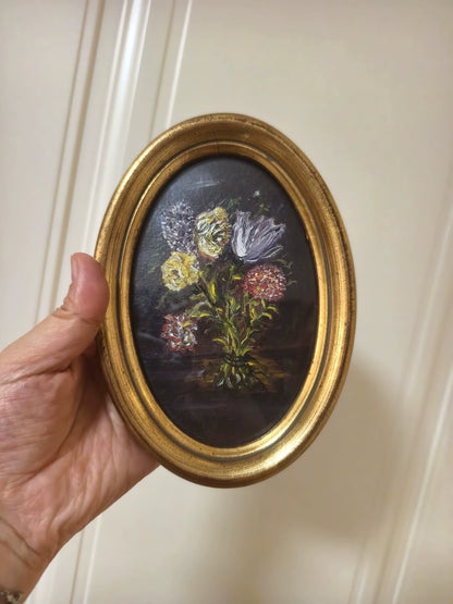 Oval Floral Painting – Small Gold-Tone Frame