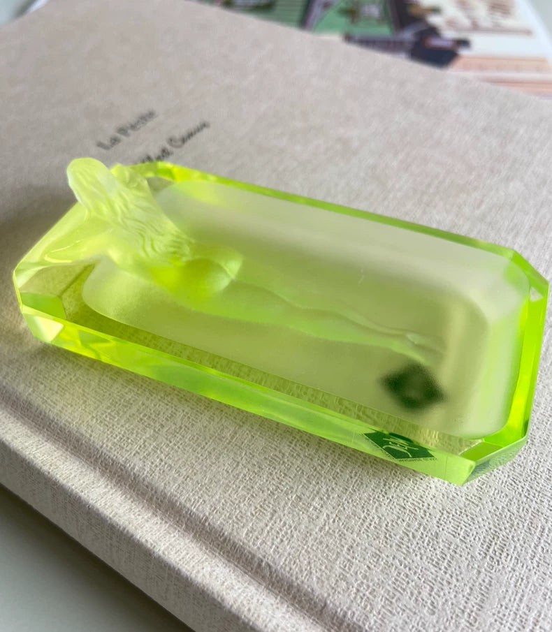 Desna / Heinrich Hoffmann – Meditating Woman Vaseline Glass Sculpture – actual product photo 5