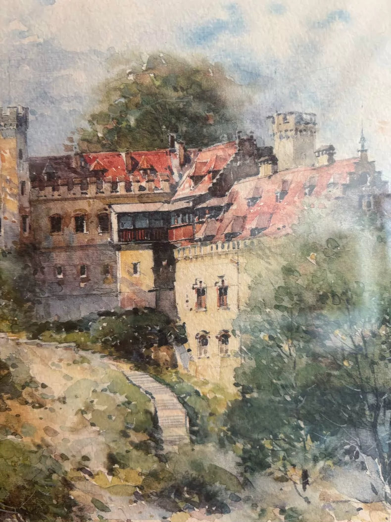 Signed Neuschwanstein Castle Watercolor Lithograph – c. 1980s