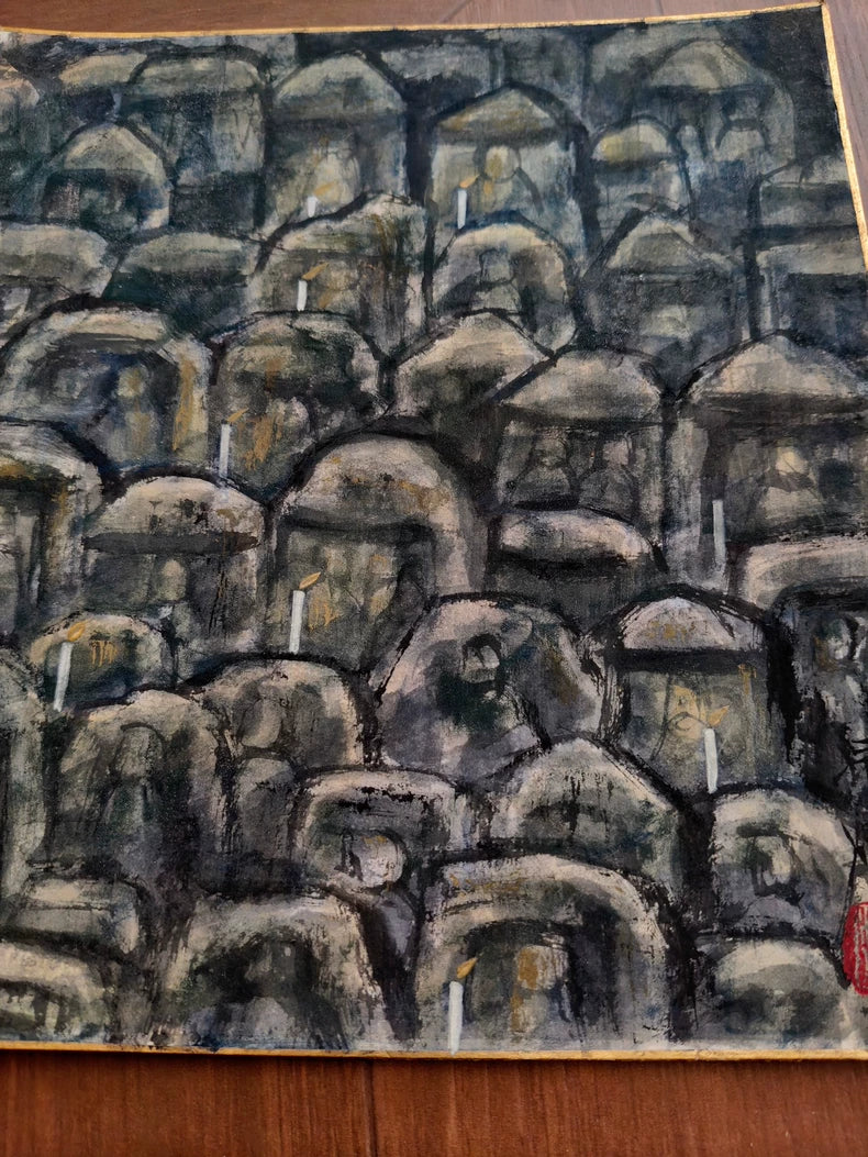 Original Cave Buddha Group Ink Painting on Card – 24 × 27 cm