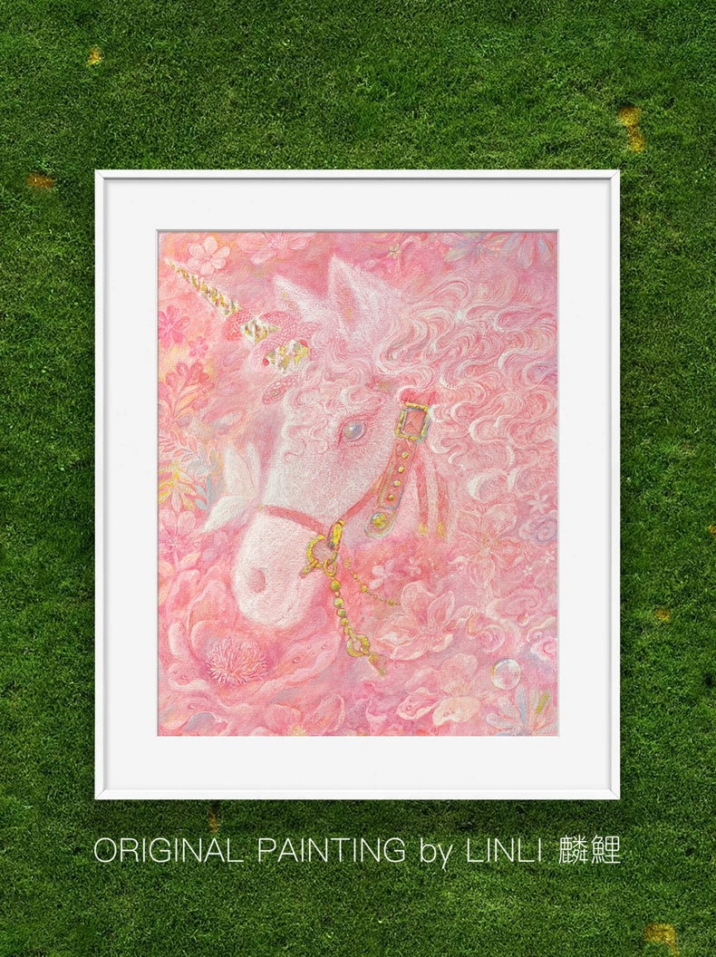LINLI 独角兽·粉色花园 / Unicorn Pink Garden — Framed Giclée