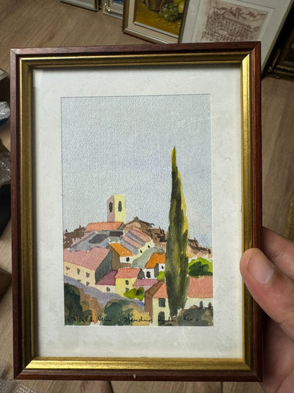 European Village and Cypress – Small Framed Watercolour