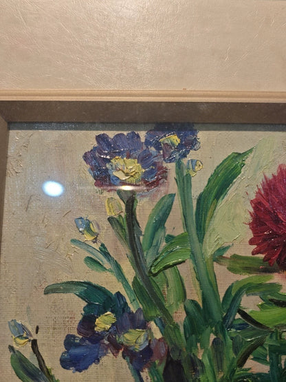 Signed Floral Painting – Wood and Glass Frame