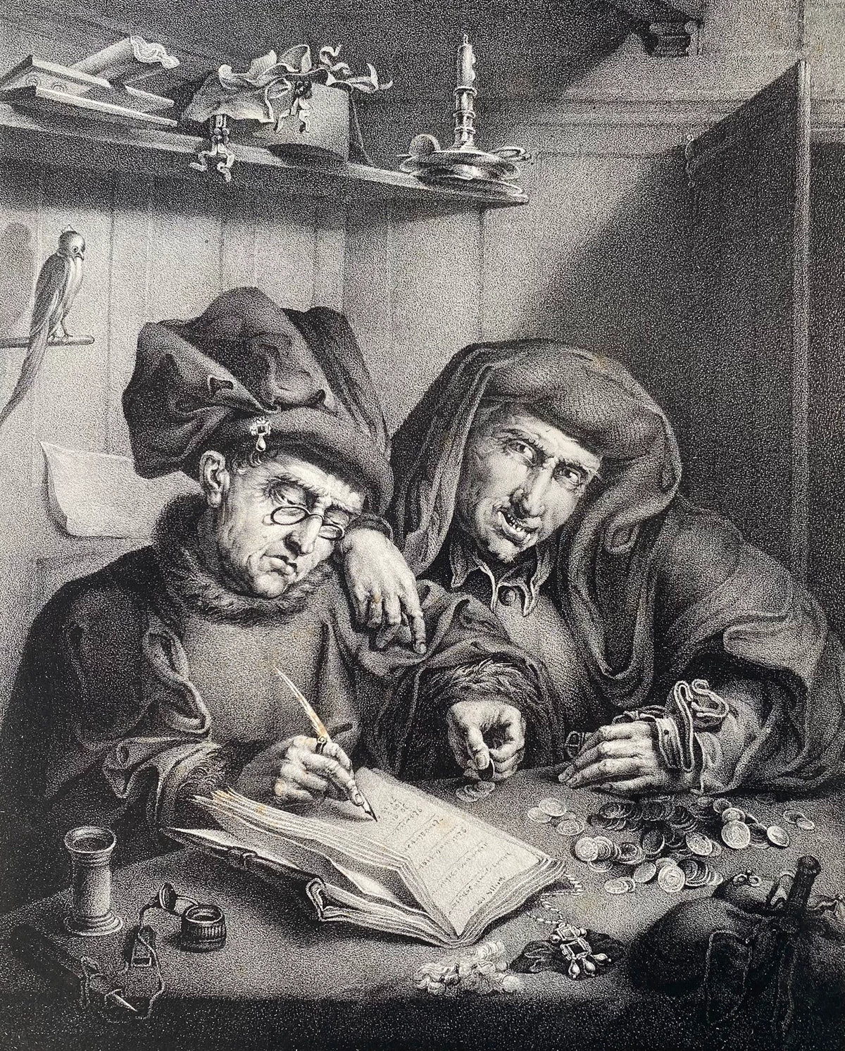 The Misers – Antique Lithographic Print after Quentin Matsys – actual item photograph 3